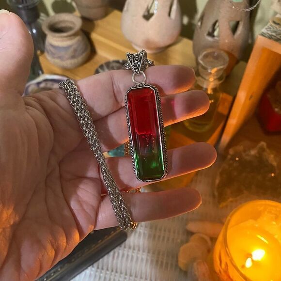 Bi-Color Tourmaline Red Green Sterling Silver Pendant Necklace - Picture 5 of 5